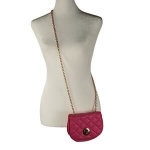 Y2K Barbie Pink Quilted Sling Faux Leather Mini Crossbody Purse Gold Chain 2000s